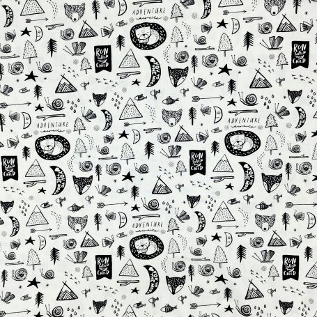 Motif répétitif en noir et blanc avec des triangles, arbres, animaux et symboles variés.