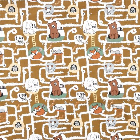 Motif de tissu avec des animaux en dessins animés sur fond marron.