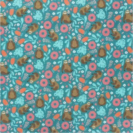 Motif coloré avec des paresseux, fleurs et formes végétales sur fond turquoise.