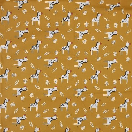Motif de tissu avec des zebres blancs sur fond jaune et des feuilles.