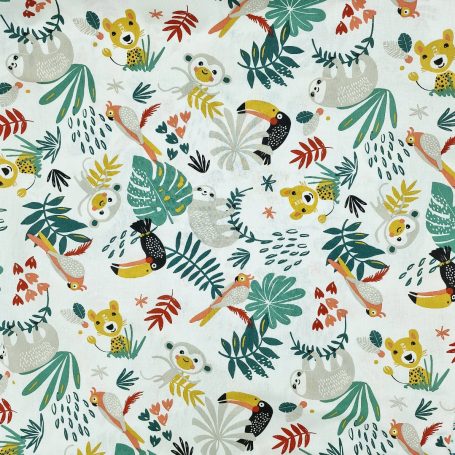 Motif coloré avec des animaux stylisés et des feuilles tropicales sur fond clair.