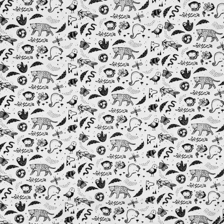Motif en noir et blanc avec des animaux et des éléments de la nature.