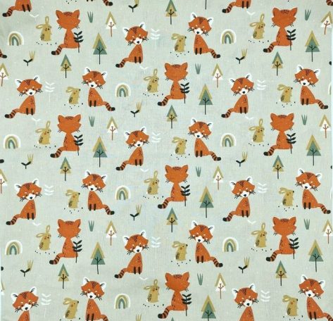 Motif avec des pandas roux, des arbres et des oiseaux sur un fond vert clair.