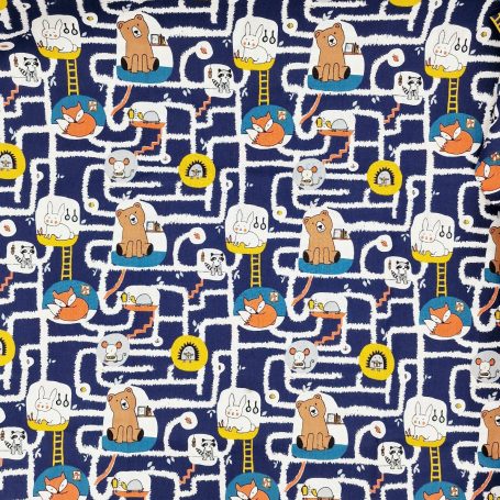 Motif coloré avec des personnages cartoon dans un labyrinthe de tuyaux.
