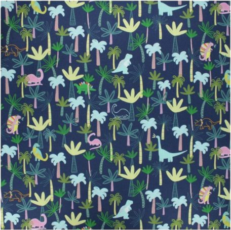Motif coloré de dinosaures et de plantes tropicales sur fond bleu foncé.