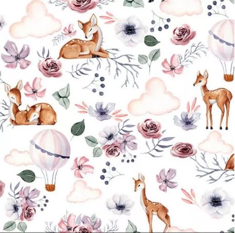 Motif floral avec des animaux, ballons et nuages dans des tons doux.