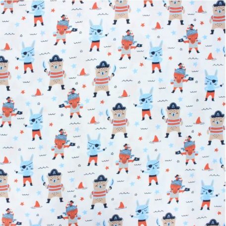 Motif répétitif de pirates en bleu et orange avec des ailes de requins