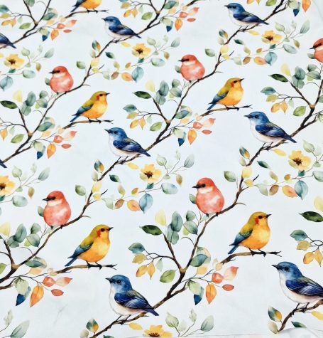 Motif floral avec des oiseaux colorés perchés sur des branches.